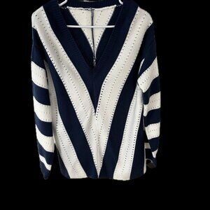 Navy Blue and White V-neck Sweater